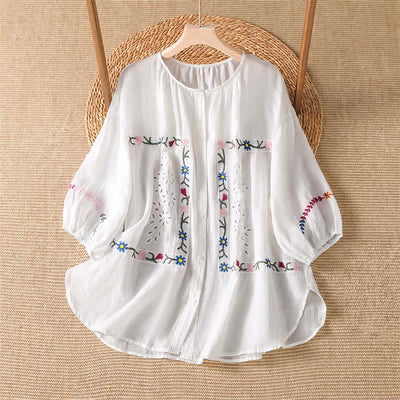 Buddha Stones Spring Summer Boho Embroidery Floral Women's Short Sleeve Shirts - White - US12, UK/AU16, EU44 (2XL) - image 0