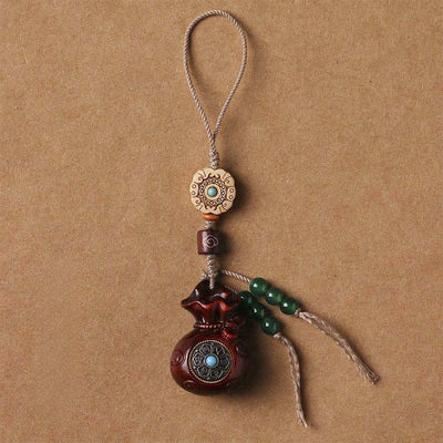 Buddha Stones Red Sandalwood Green Sandalwood Om Mani Padme Hum Blessing Chinese Coin Money Bag Design Serenity Keychains - Red Sandalwood - Phone Hanging Decoration - image 5