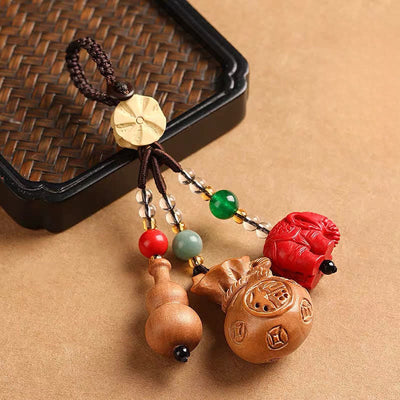 Buddha Stones Peach Wood Fu Character Money Bag Lucky Cinnabar Elephant Lotus Gourd Keychains - image 1