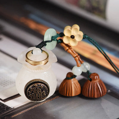 Buddha Stones Good Fortune Money Bag Attract Wealth Peach Wood Lotus Pod Tassel Keychains - image 1