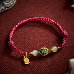 Buddha Stones Hand-Woven Koi Fish Fu Character Jade Beads Protection Rope Bracelet - Dark Red(Wrist Circumference: 5.9–8.3 in / 15–21 cm) - image 0