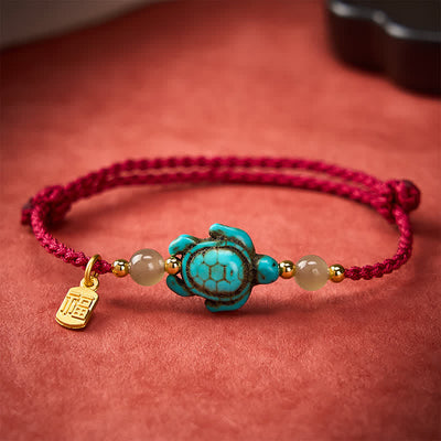 Buddha Stones Hand-Woven Turquoise Turtle Fu Character Jade Beads Luck Rope Bracelet - image 1