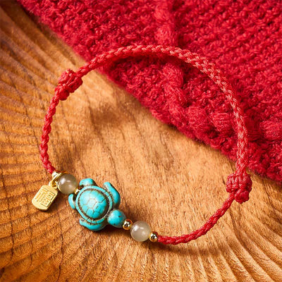 Buddha Stones Hand-Woven Turquoise Turtle Fu Character Jade Beads Luck Rope Bracelet - Red(Wrist Circumference: 5.9–8.3 in / 15–21 cm) - image 11