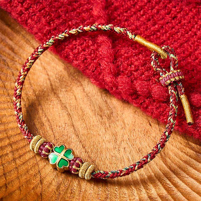 Buddha Stones Hand-Woven String Heart-Shaped Green Four Leaf Clover Strength Rope Bracelet - Red(Wrist Circumference: 5.9-7.5 in / 15-19cm) - image 10