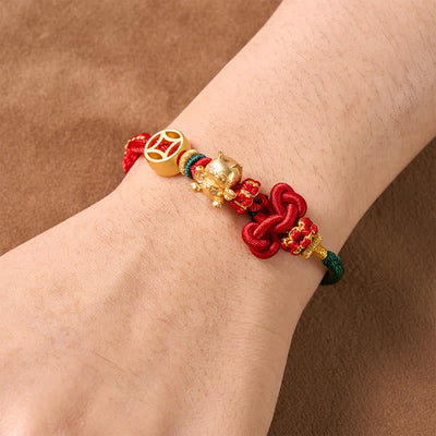 Buddha Stones Golden Lucky Cat Red String Protection Braided Bracelet - image 13