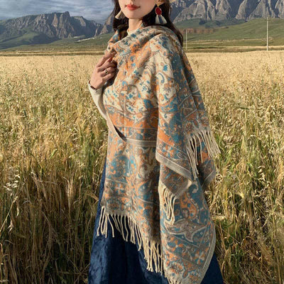Buddha Stones Tibetan Flower Branch Tassel Shawl Cozy Travel Scarf Wrap - Beige 180*65cm - image 0