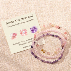 Buddha Stones 3pcs "Soothe Your Inner Self" Tourmaline Protection Bracelet Includes Gift Message Card - Tourmaline Pink Cat's Eye Lepidolite - 6.3–6.7 in (16–17 cm) - image 0