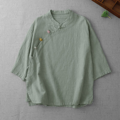 Buddha Stones Summer Tang Style Vintage Mandarin Collar Frog Button Solid Women's Elbow-Length Sleeve Shirts - DarkSeaGreen - US8-10, UK/AU12-14, EU40-42 (2XL) - image 5