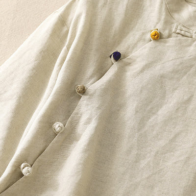 Buddha Stones Summer Tang Style Minimalist Mandarin Collar Solid Women's Short Sleeve Shirts - image 3