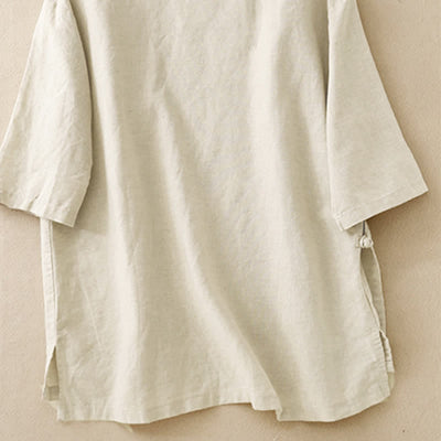 Buddha Stones Summer Tang Style Minimalist Mandarin Collar Solid Women's Short Sleeve Shirts - image 1