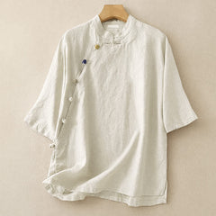 Buddha Stones Summer Tang Style Minimalist Mandarin Collar Solid Women's Short Sleeve Shirts - Linen - US8-10, UK/AU12-14, EU40-42 (2XL) - image 0