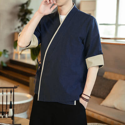 Buddha Stones Summer Tang Style Minimalist Drawstring V-Neck Solid Three-Quarter Sleeve Men's Kimono - Navy - US/UK/AU46, EU56 (5XL) - image 0
