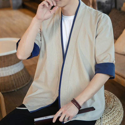 Buddha Stones Summer Tang Style Minimalist Drawstring V-Neck Solid Three-Quarter Sleeve Men's Kimono - image 15