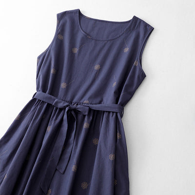 Buddha Stones MidnightBlue Printing Lace-Up Design Sleeveless Midi Dress With Pockets - image 2