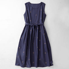 Buddha Stones MidnightBlue Printing Lace-Up Design Sleeveless Midi Dress With Pockets - MidnightBlue - US8-10，UK/AU12-14，EU40-42 (2XL) - image 0