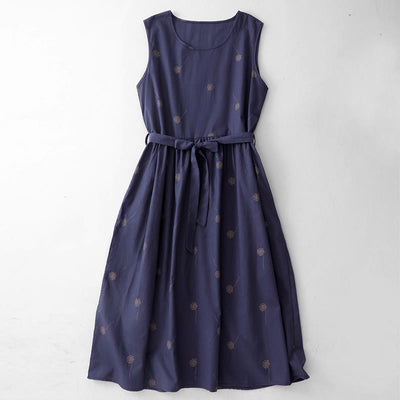 Buddha Stones MidnightBlue Printing Lace-Up Design Sleeveless Midi Dress With Pockets - MidnightBlue - US8-10，UK/AU12-14，EU40-42 (2XL) - image 0