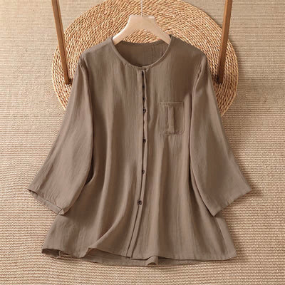 Buddha Stones Spring Casual Minimalist Button-Up Solid Women's Three-Quarter Sleeve Shirts With Patch Pocket - Tan - US4-8/10，UK/AU8-12/14，EU36-40/42 (F) - image 7