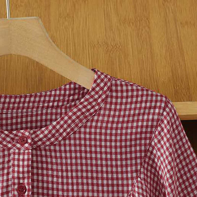 Buddha Stones Summer Casual Vintage Button-Up Red Plaid Crew Neck Women's Short Sleeve Shirts - image 6
