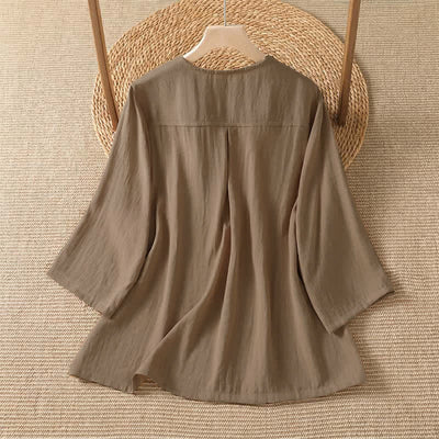 Buddha Stones Spring Casual Minimalist Button-Up Solid Women's Three-Quarter Sleeve Shirts With Patch Pocket - image 8