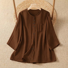 Buddha Stones Spring Casual Minimalist Button-Up Solid Women's Three-Quarter Sleeve Shirts With Patch Pocket - Sienna - US4-8/10，UK/AU8-12/14，EU36-40/42 (F) - image 0