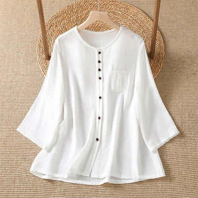 Buddha Stones Spring Casual Minimalist Button-Up Solid Women's Three-Quarter Sleeve Shirts With Patch Pocket - White - US4-8/10，UK/AU8-12/14，EU36-40/42 (F) - image 29