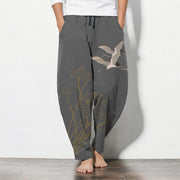 Foviel Pure Cotton Flying Crane Lotus Pattern Drawstring Men's Tapered Pants With Pockets