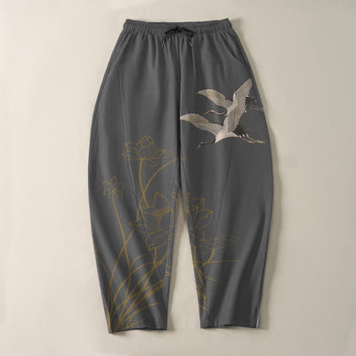 Buddha Stones Pure Cotton Flying Crane Lotus Pattern Drawstring Men's Tapered Pants With Pockets - image 2