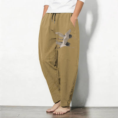 Buddha Stones Pure Cotton Flying Crane Lotus Pattern Drawstring Men's Tapered Pants With Pockets - image 8