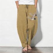 Foviel Pure Cotton Flying Crane Lotus Pattern Drawstring Men's Tapered Pants With Pockets