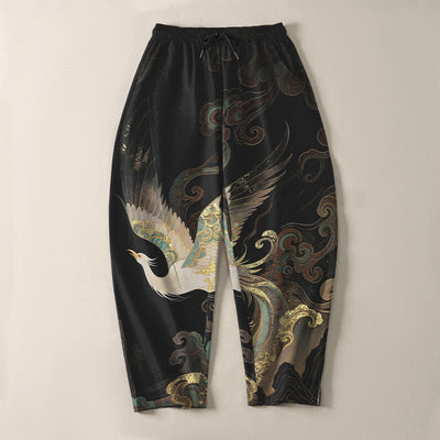 Buddha Stones Pure Cotton Crane Cloud Wave Pattern Drawstring Men's Tapered Pants With Pockets - image 2