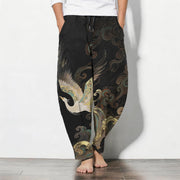 Foviel Pure Cotton Crane Cloud Wave Pattern Drawstring Men's Tapered Pants With Pockets
