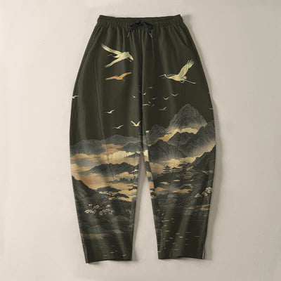 Buddha Stones Pure Cotton Cloud Mountain Crane Pattern Drawstring Men's Tapered Pants With Pockets - image 13