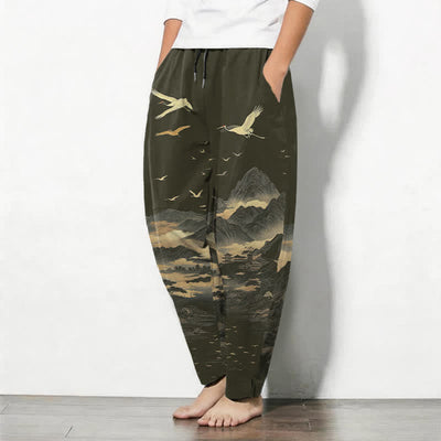 Buddha Stones Pure Cotton Cloud Mountain Crane Pattern Drawstring Men's Tapered Pants With Pockets - image 12