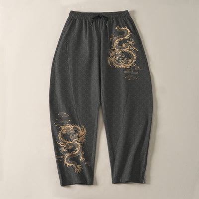 Buddha Stones Pure Cotton Golden Dragon Pattern Drawstring Men's Tapered Pants With Pockets - image 2