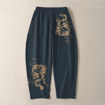 Buddha Stones Pure Cotton Golden Dragon Pattern Drawstring Men's Tapered Pants With Pockets - image 14