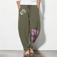 Buddha Stones Pure Cotton Pink Lotus Om Pattern Drawstring Men's Tapered Pants With Pockets - OliveDrab - US/UK/AU50，EU60 (5XL) - image 0
