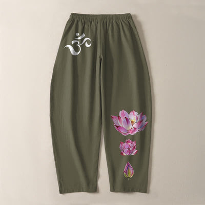 Buddha Stones Pure Cotton Pink Lotus Om Pattern Drawstring Men's Tapered Pants With Pockets - image 3