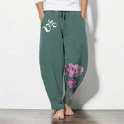 Foviel Pure Cotton Pink Lotus Om Pattern Drawstring Men's Tapered Pants With Pockets