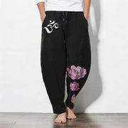 Foviel Pure Cotton Pink Lotus Om Pattern Drawstring Men's Tapered Pants With Pockets