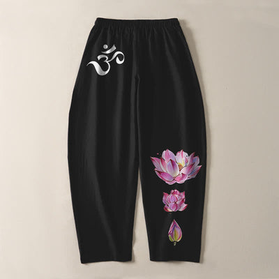 Buddha Stones Pure Cotton Pink Lotus Om Pattern Drawstring Men's Tapered Pants With Pockets - image 14