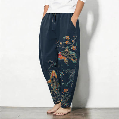 Buddha Stones Pure Cotton Koi Fish Floral Pattern Drawstring Men's Tapered Pants With Pockets - image 12