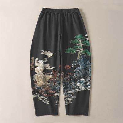 Buddha Stones Pure Cotton Cloud Pine Wave Pattern Drawstring Men's Tapered Pants With Pockets - image 3