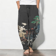 Foviel Pure Cotton Cloud Pine Wave Pattern Drawstring Men's Tapered Pants With Pockets