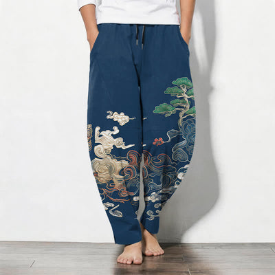 Buddha Stones Pure Cotton Cloud Pine Wave Pattern Drawstring Men's Tapered Pants With Pockets - Navy - US/UK/AU50，EU60 (5XL) - image 7