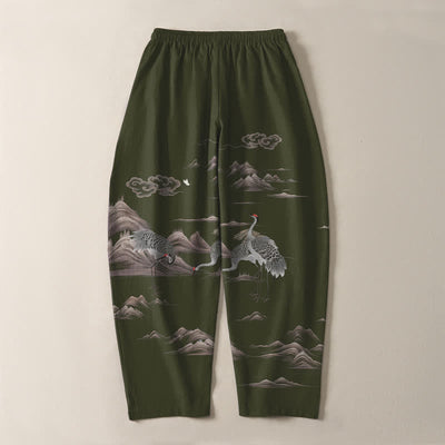 Buddha Stones Pure Cotton Crane Cloud Mountain Pattern Drawstring Men's Tapered Pants With Pockets - image 14