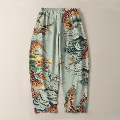 Buddha Stones Pure Cotton Cloud Dragon Pattern Drawstring Men's Tapered Pants With Pockets - image 10