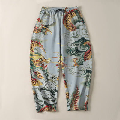 Buddha Stones Pure Cotton Cloud Dragon Pattern Drawstring Men's Tapered Pants With Pockets - image 13