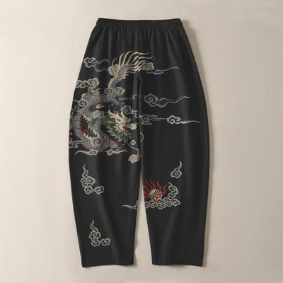Buddha Stones Pure Cotton Dragon Cloud Fireball Pattern Drawstring Men's Tapered Pants With Pockets - image 14