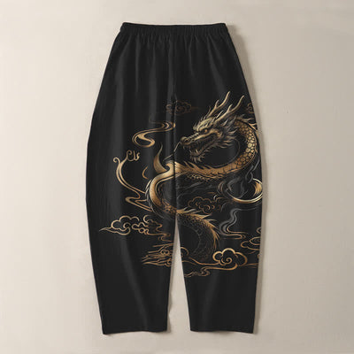 Buddha Stones Pure Cotton Golden Dragon Auspicious Cloud Pattern Drawstring Men's Tapered Pants With Pockets - image 3