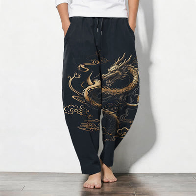 Buddha Stones Pure Cotton Golden Dragon Auspicious Cloud Pattern Drawstring Men's Tapered Pants With Pockets - MidnightBlue - US/UK/AU50，EU60 (5XL) - image 7